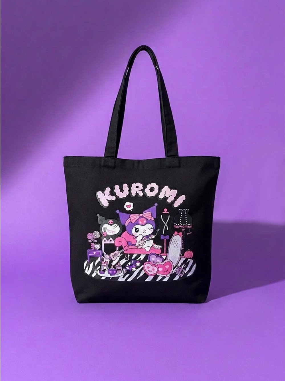 Hand Crafted Black Tote with Pink and Purple Kuromi Graphic🖤🖤
